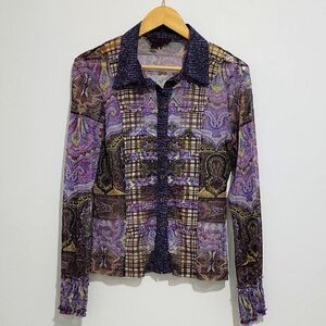 Simon Chang Women's Purple and Blue Button Down Top Artistic Pattern